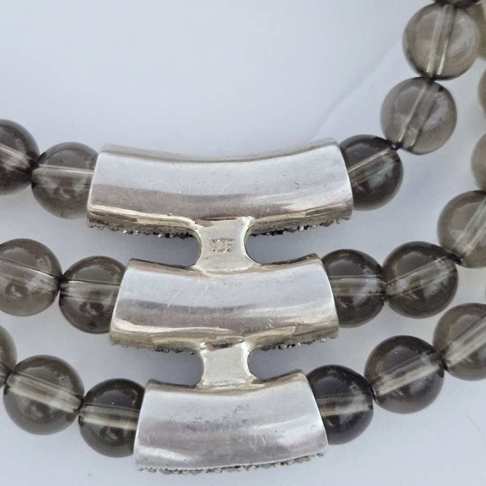 Vintage Triple Strand Natural Smoky Quartz .925 Sterling Silver  Necklace - Picture 4 of 7